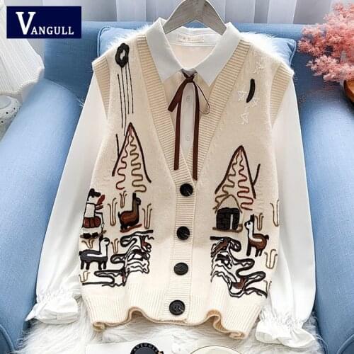 Vangull Animal Embroidery Women Sweater Vest Single Breasted Sleveless Simple Vest V-Neck Knitting Sweater Female Vintage Vest