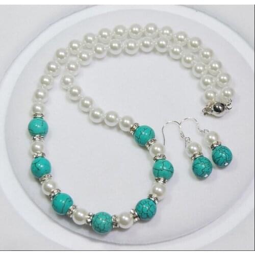Women Jewelry Set 10MM light blue stone 8mm white bead mixed real natural south sea shell pearl necklace + dangle hook earring
