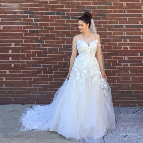 A-line Sweetheart Wedding Dresses Boho Spaghetti Straps Lace 3D Flowers Bridal Dress Off Shoulder Vestidos De Novia 2021 Beaded
