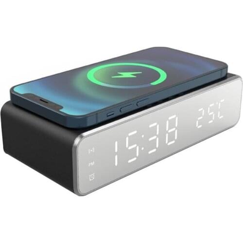 3 in 1 5W Electric Alarm Clock with Phone Wireless Charger Desktop Digital Thermometer Clock HD Clock Mirror for Bedroom Office