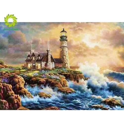 DIY Diamond embroidery Full Pebble Round drill Ocean View Lighthouse Diamond Painting Cross Stitch Rhinestone Mosaic decoration