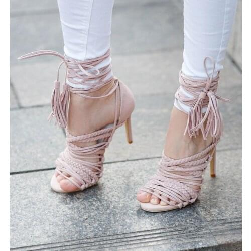 Eelegant girls pink suede high heeled sandals fashionable narrow band weave braid design ankle lace up tassels pumps