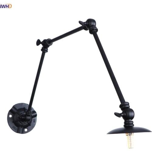 IWHD Loft Decor Industrial Wall Light Fixture Bedroom Stair Black Iron Swing Long Arm Vintage Wall Lamp LED Appliques Pared