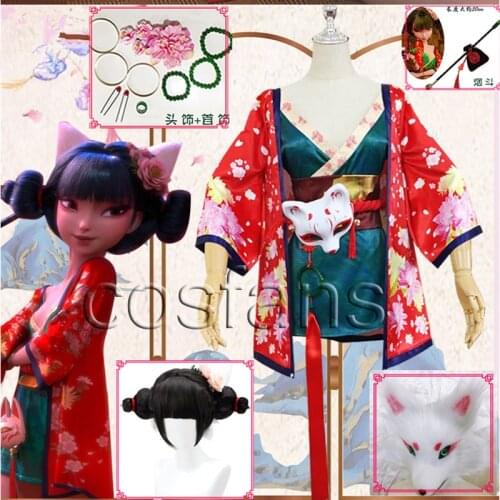 Chinese Cartoon Movie White Snake Girl Fox Demon Cosplay Costume Women Hanfu Party Mask Short Dress Kimono Robes Floral Cardigan