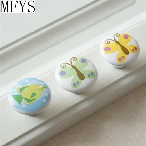 Round Animal Knobs Childrens Door Handle Butterfly Fish Ceramic Knobs Kids Dresser Drawer Knob Cabinet Handle
