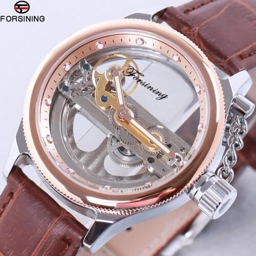 FORSINING 2021 New Top Brand Luxury Automatic Golden Bridge Mechanical Watch Leather Strap Skeleton Watches relogio masculino