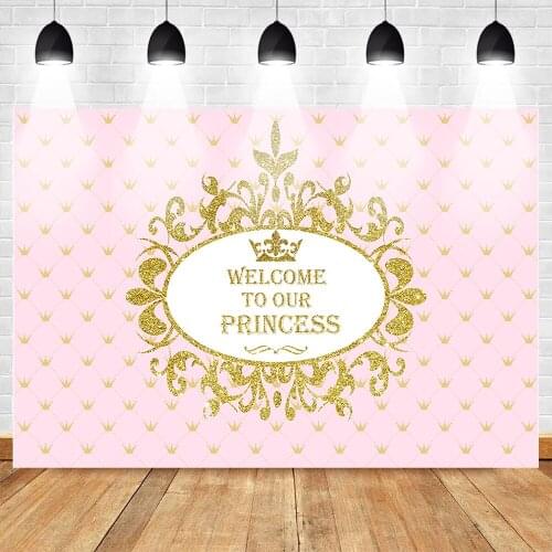 Mehofoto Welcome to Our Princess Backdrop Pink Theme Newborn Baby Shower Photo Background Gold Glitter Repeat Crown Photography