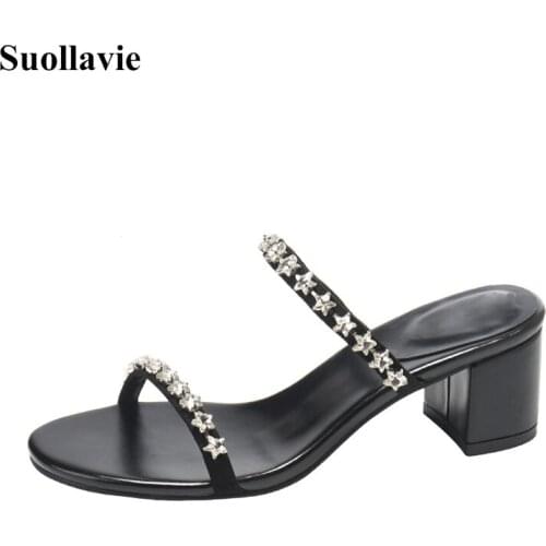 Suollavie 2020 fashion woman slippers luxury crystal women shoes solid black slippers women chunky heel brand femme pantoufles