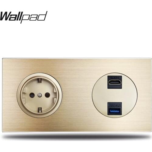 Wallpad L6 Gold EU Wall Socket Electric Power Outlet HDMI USB 3.0 Connection Ports Gold Brushed Aluminum Metal Panel, 172*86mm