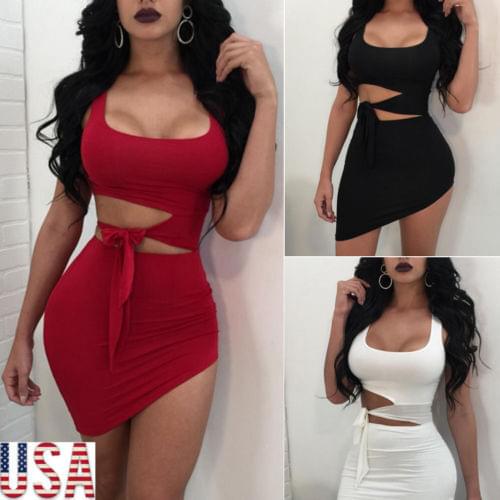 US 2018 New Fashion Hot Popular Sexy-Women-Sleeveless-Bandage-Bodycon-Party-Cocktail-Club-Mini Asymmetrical Dress