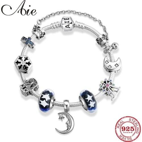 Original 925 Sterling Silver mysterious Night sky and moon CZ charm Beads Women Jewelry Finished Bracelets