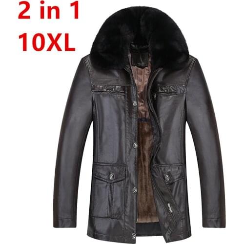 Plus 10XL 8XL 6XL Autumn Winter Men Leather Jacket Faux Fur Collar Plus Velvet Thick Warm Leather Jacket Men Social Mens Jackets
