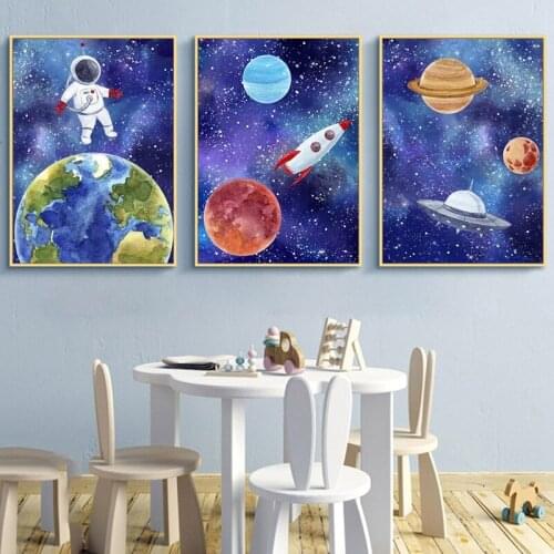 Boys Gift Outer Space Canvas Painting Nursery Wall Pictures Watercolour Blue Space Art Prints And Poster Kids Room Decor