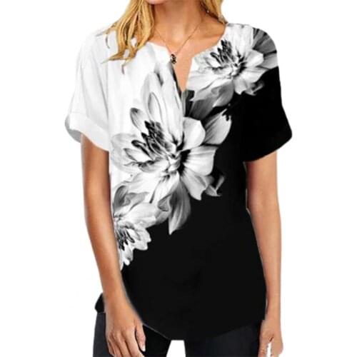 Plus Size Summer Women T-shirt V Neck Floral Print Short Sleeve Blouse Top Streetwear Casual Womens Patchwork Top blusas mujer