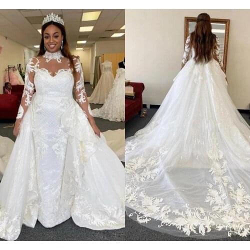 High Neck Vestido de novia Bridal Gown Plus Size Arabic Long Sleeves Lace Bridal Gowns2 021