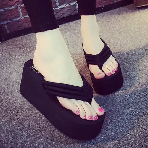 Women Men Flange Strap Flip Flops Cool Slipper Non-slip High Heel Beach Shoes Big Size Manual Diy Solid Color Eva Wedge Slippers