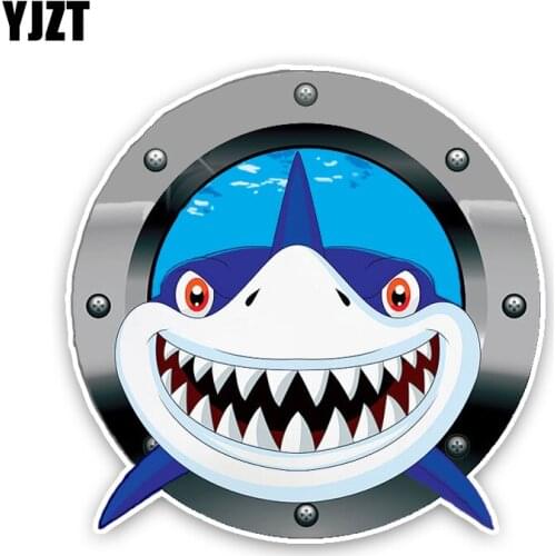 YJZT 13.8CM13.8CM Interesting The In The Circle Cartoon Shark Colored PVC High Quality Car Sticker Decoration C1-5307