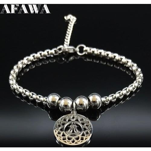 Yoga Lotus Stainless Steel Charm Bracelet Women Silver Color Bead Bracelet Cuir Jewelry brazaletes pulseras mujer B18285S02
