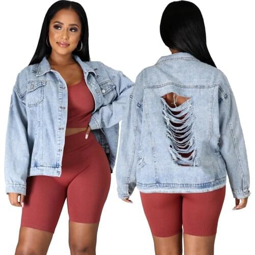 S-XXL Denim Jacket for Women Ripped Jean Jacket Boyfriend Long Sleeve Coat