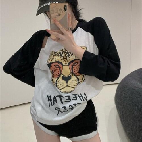 Retro Y2K Leopard Print Sexy Hole T-shirt Womens Summer Autumn Fashion Long Sleeve Thin Bottomed Fashion Street Crop Top