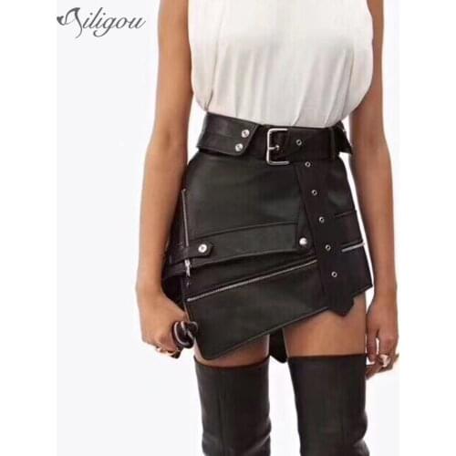 Ailigou Faux Leather Ladies Mini Skirt Black Pu Belt Zipper Belt High Waist Women Skirt Summer Fashion Women Clothes