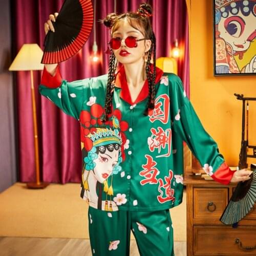 Women Sleepwear Chinoiserie Summer Pajamas The Tide High Quality Imitated Silk Fabric Sexy Pajama Set Cartoon Plus Size