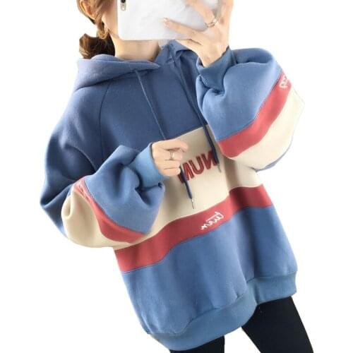 2020 New Autumn And Winter Version Loose Large Size Contrast Color Women Hoodie Plus Velvet Thickening Mid-length Girl Pullover