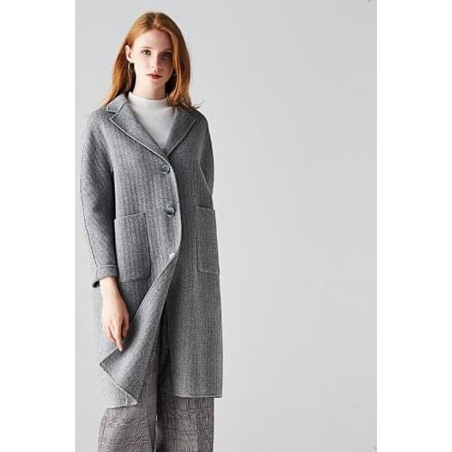 Long woolen blends cashmere coats for women 2019 autumn winter casual ladies jackets plus size overcoat silver grey herringbone