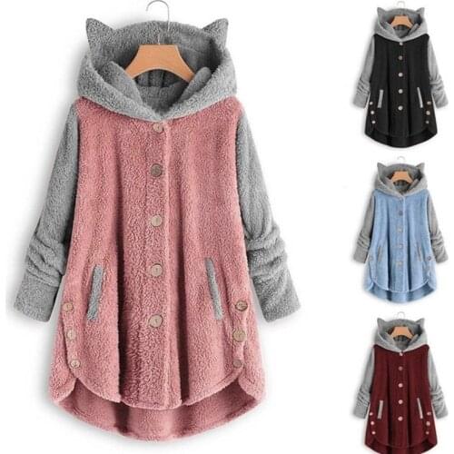 2020 Autumn Winter Coat Women Hoodies Sweatshirt Cute Cat Ears Buttons Plush Fleece Coat Sweet Loose Coat Female Pullover