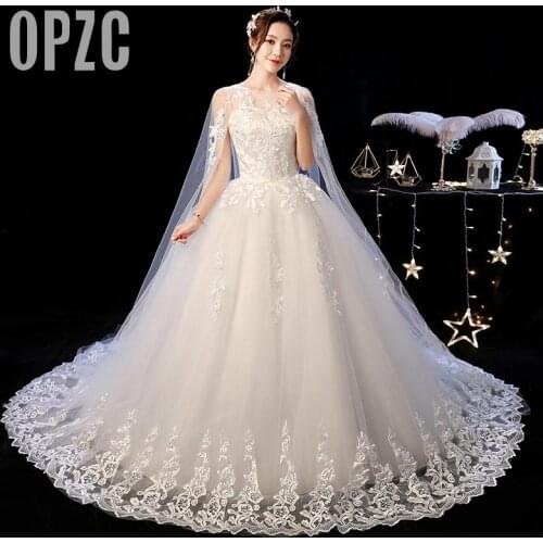 Fashion Simple Buteaful Elegan Korean Long Cap Lace Wedding Dress 2021 Autumn Vestidos de Novia Sweetheart Gown with Long Train