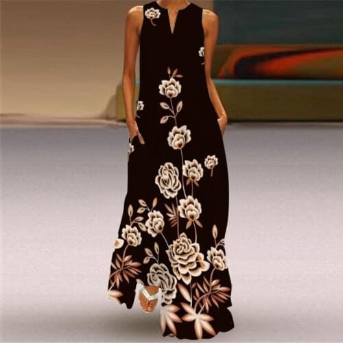 Black Sleeveless Dress Women Casual Elegant Summer Dress 2021 Vintage Floral V Neck Dress Women Long Beach Sexy Sundresses