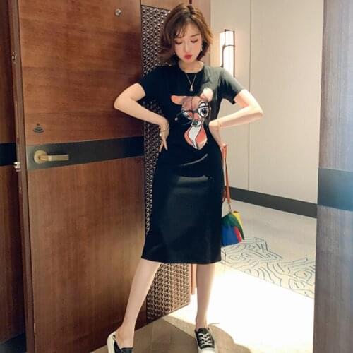 Awarose Cute Deer Print Round Neck Short Sleeves Slim T-shirt Dress For Women Summer Casual High Street Fashion Dress Female