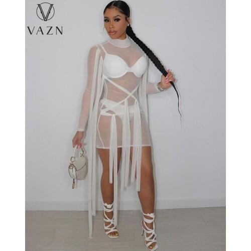 VAZN New 2021 See Through Bodycon Summer Beach O-neck Mini Dress Sexy Regular Full Sleeve Dress Women Elegant Fashion Dress