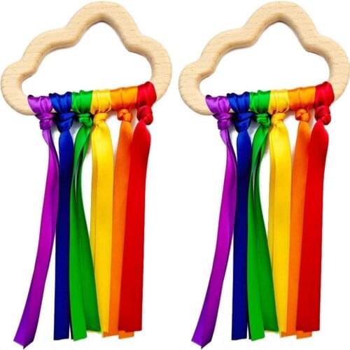 2Pcs Rainbow Wooden Ribbon Ring Waldorf Toy Baby Teether Sensory Toy Natural Wood Cloud Belt Baby Molar Teether Educational Toy
