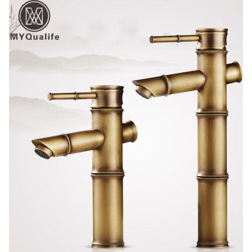 Antique Brass Bamboo Bathroom Sink Faucet Lavatory Vessel Sink Hot and Cold Water Crane Taps Deck Mount One Handle