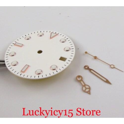 Nologo Automatic 28.5mm White Watch Dial Hand Set Rose Gold Coated Marks Blue Luminous fit NH35A MIYOTA 8215