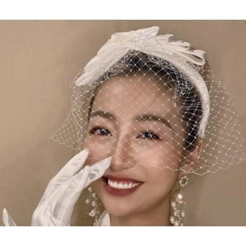 White Wedding Face Veil For Bride Stain Bow Elegant Bead Wedding Charming Hair Accessories Headband Photographic Model 2021