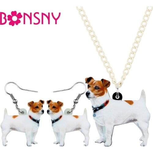 Bonsny Acrylic Jewelry Set Jake Russell Dog Necklace Earrings Collar Fashion Animal Pendant For Women Girl Gift Decoration NE+EA