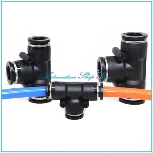 Black 3 Way T shaped Tee Pneumatic 4mm-16mm OD Hose Tube Push In Air Gas Fitting Quick Fittings Connector Adapters