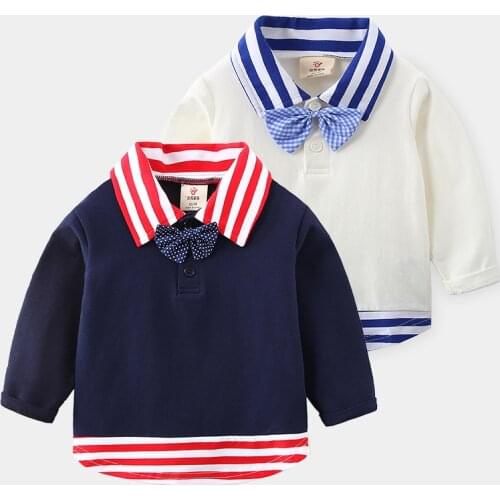 Baby Long Sleeve T Shirt 2021 Spring Childrens Clothiing Kids Bow Tie Faux Two Piece Tops Strip Patchwork Basic Shirt For Boys