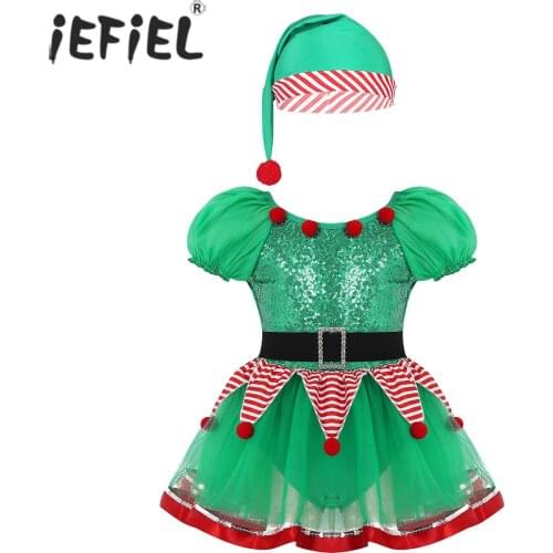 Kids Girls Christmas Fairy Spirit Costume Dancewear Short Puff Sleeves Sequined Striped Peplum Mesh Tutu Leotard Dress with Hat