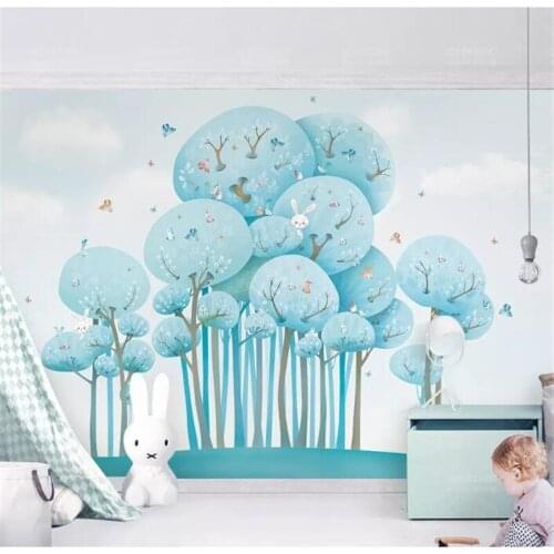 Mural Custom wallpaper papel de parede Blue cute cartoon forest rabbit bird childrens room background wall painting