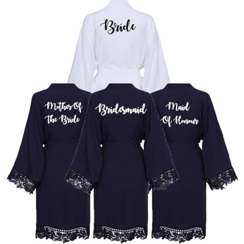 Navy Blue Bridesmaid Bride Robes Cotton Kimono Robes Lace Robe Women Wedding Bridal Robe Short Belt Bathrobe