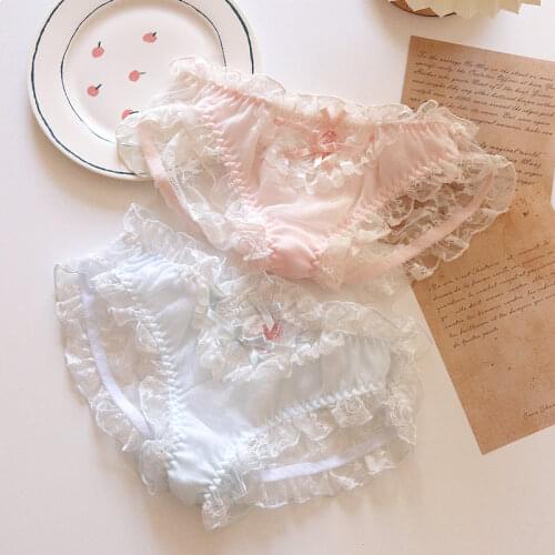 Kawaii Lingerie Lace Underwear Women Girls Blue Pink Panties Briefs Japanese Sexy Cute Thongs Lolita Panty Ruffles Mid-rise New