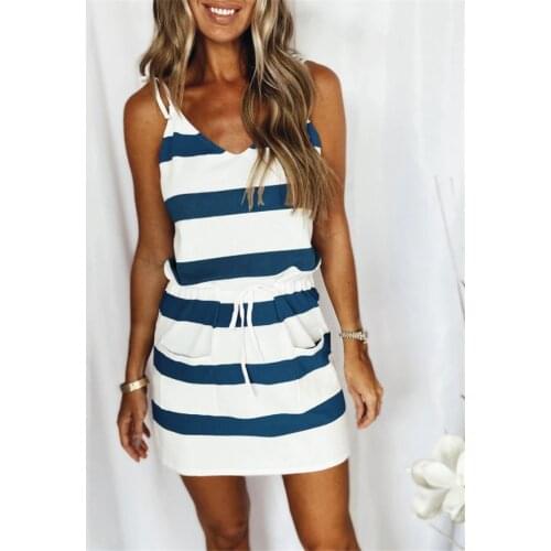 Summer Womens Suspender Loose Print Striped Vest Jumpsuit Dress Holiday Beach Vacation Sexy Sleeveless Cool Dress