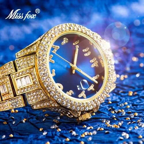 MISSFOX Mens Wrist Watch Diamond Top Selling Blue Watch Men Waterproof Brand Luxury 18k Gold Calendar Steel Relogio Masculino