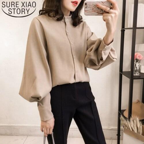 2020 Spring New Simple Solid Color Stand Collar Elegant Women Blouse Loose and Plus-size 4XL Long Sleeve Fashion Shirts 8931 50