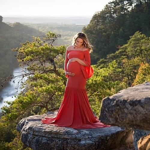 New Maternity Dress For Photo Boat Neck red Dress Maternty Photography Props long Sleeve Stretch Cotton Pregnant Dress