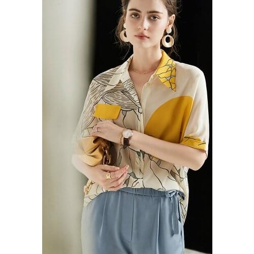 Collar Silk Shirt Women Silk Tops Blouse 2021 print loose summer fashion 100% silk top