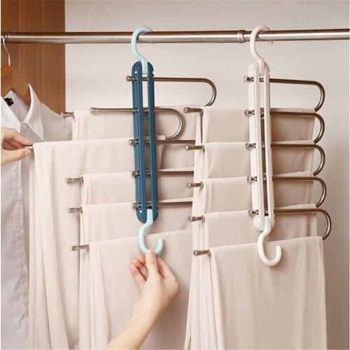 Folding Trouser Rack Multifunctional 5 in 1 Pants Storage Rack Adjustable Clothes Hanger Home Stainless Steel Closet Organizer